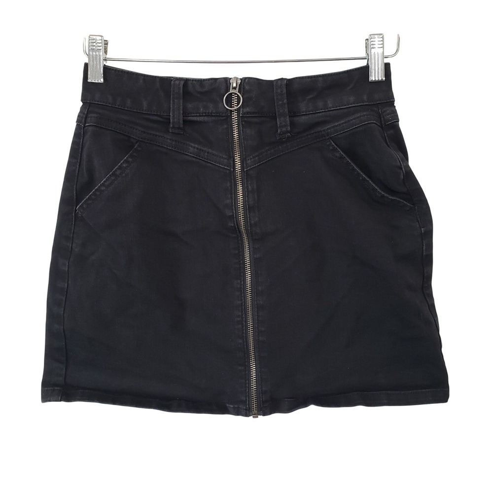SO Denim Mini Skirt Womens 26W Black Front Zip High Waist Stretch Festival Indie
